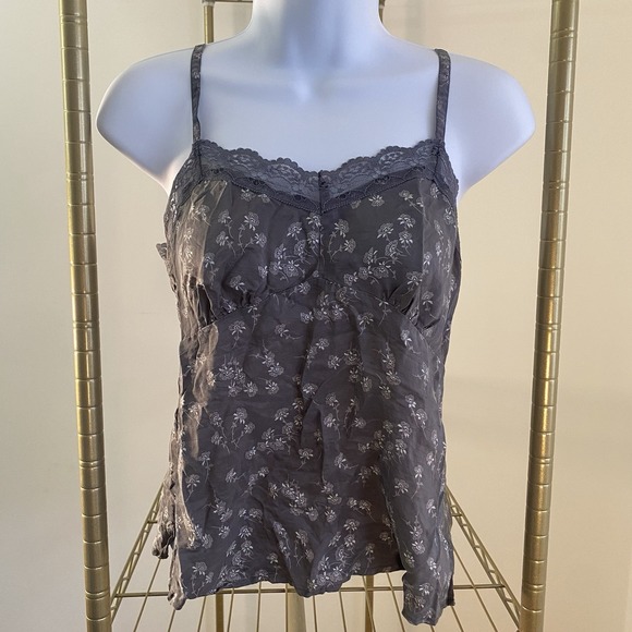 American Eagle Outfitters Tops - VTG Y2K American Eagle Silk Babydoll Cami Top Gray Lace Floral Fairy Grunge Sz 2